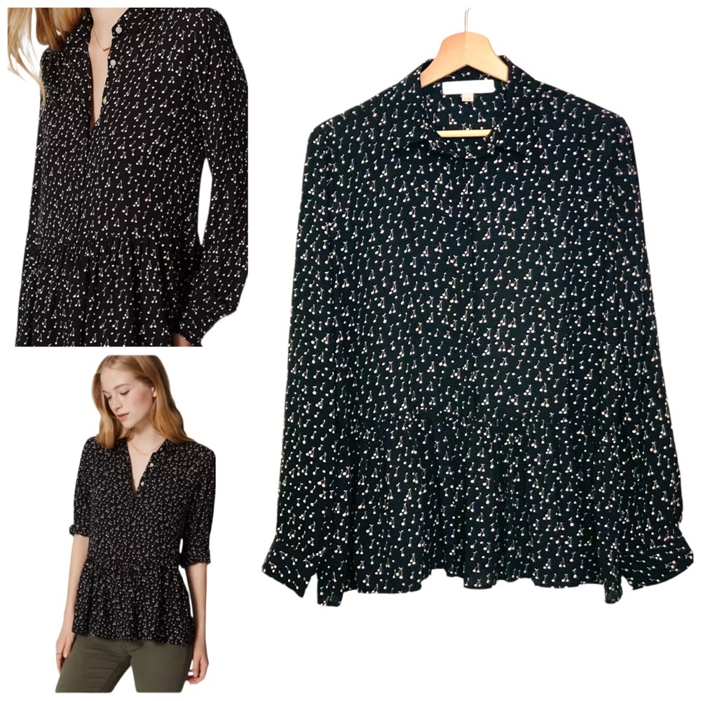 Ann Taylor LOFT Black White Pink Cherry Print Peplum Blouse Top Shirt Medium